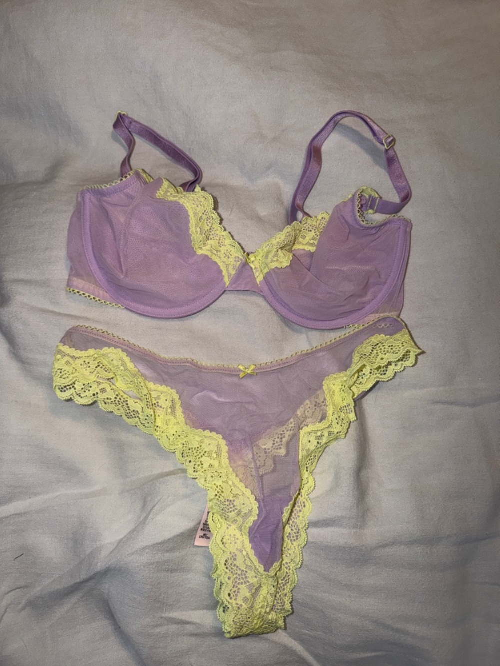 Victoria's Secret Lavender Mesh Bra & Lace Thong with Yellow Trim